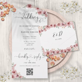 Código QR Floral Rosa Empoeirado Corações Casament