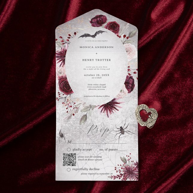 Código QR Floral Russo Preto Gótico e Borgonha (Also available without a QR code; with or without dinner selection options.)