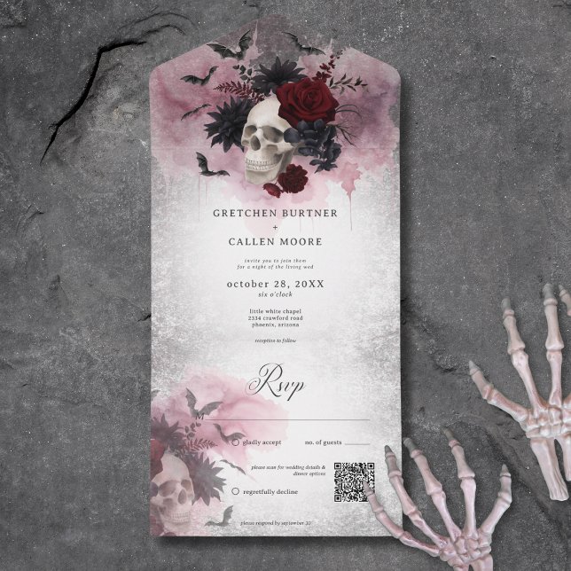 Código QR Gótico Preto e Borgonha Crânio e Bats (Gothic Black & Burgundy Skull & Bats QR Code All In One Invitation)