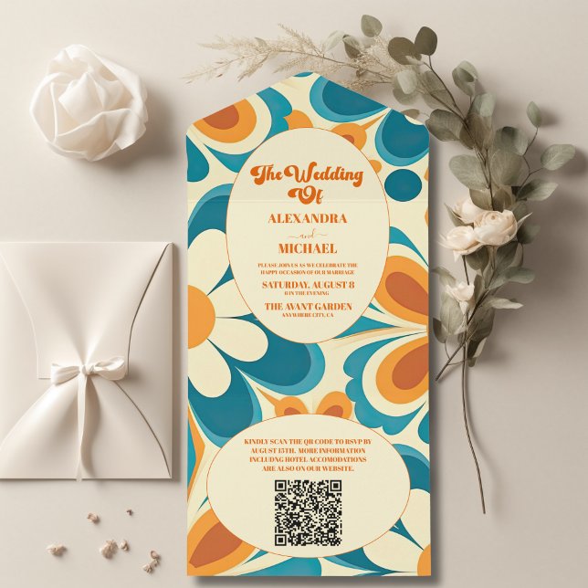 Código QR Groovy Colorido Casamento Retro Único (Criador carregado)