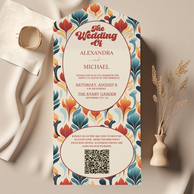 Código QR Groovy Retro Casamento Floral dos Anos 7 (Criador carregado)