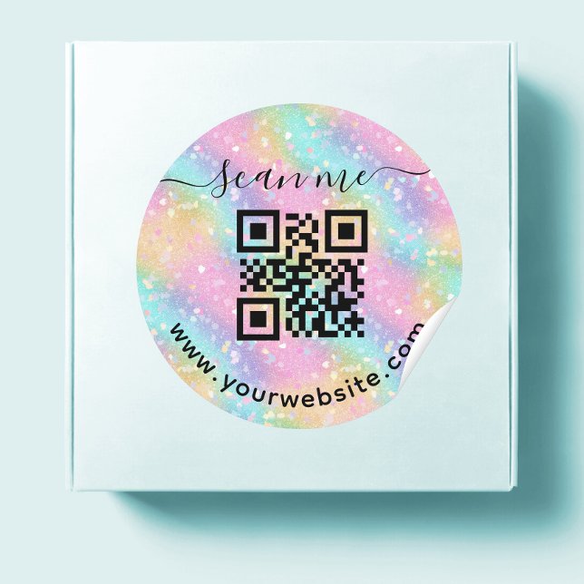 Código QR iridescente e adesivo redondo de texto p (Criador carregado)