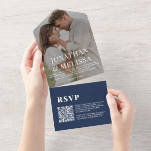 Código QR   Marinho Azul Simples Casamento Fotográ