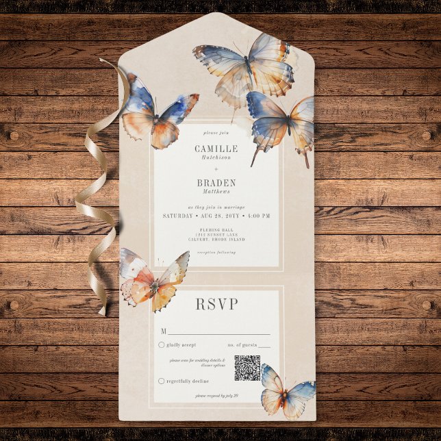 Código QR Marrom Borboletas Azul e Ferrugem Minima (Modern Minimal Blue & Rust Butterflies QR Code All In One Invitation)