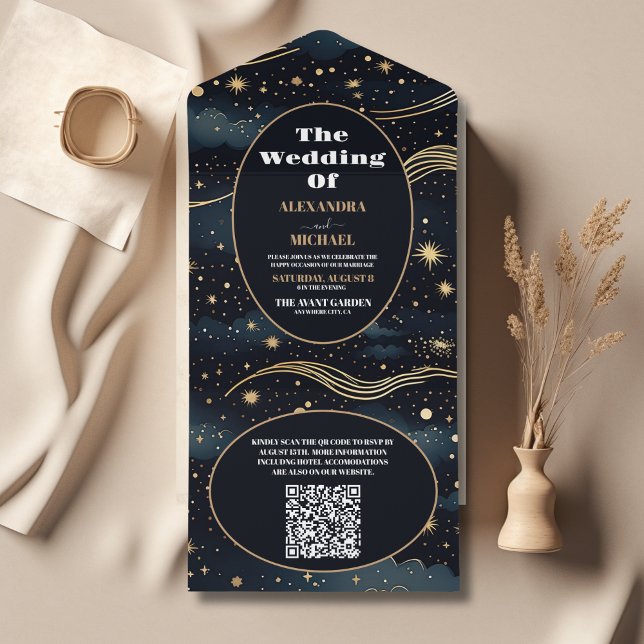 Código QR Midnight Azul Estrelas Azuis Lua Casamen (Criador carregado)