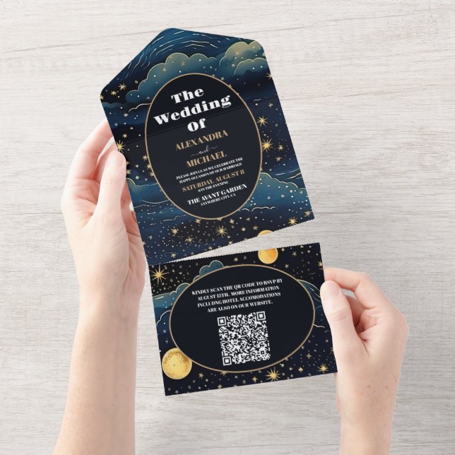 Código QR Midnight Azul Estrelas Azuis Lua Casamen (Aba destacável)