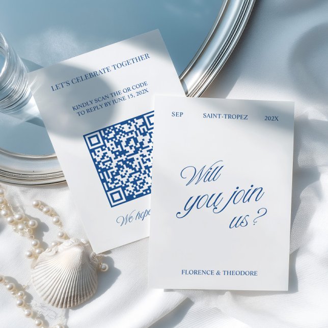 Código QR Moderno Azul e Branco RSVP de Casamento (QR Code Modern Blue & White Wedding RSVP Card)