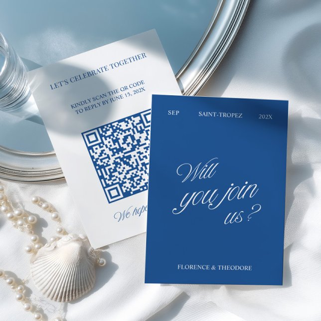 Código QR Moderno Azul e Branco RSVP de Casamento (QR Code Modern Blue & White Wedding RSVP Card)