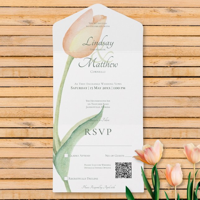Código QR Moderno de Pêssego Solo Peach Rosa Esmag (Blush Pink Tulip Solo Pink Modern QR Code All In One Invitation)