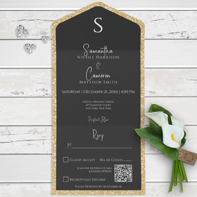 Código QR Moderno do Glitter & Glam Preto Dourado (Criador carregado)