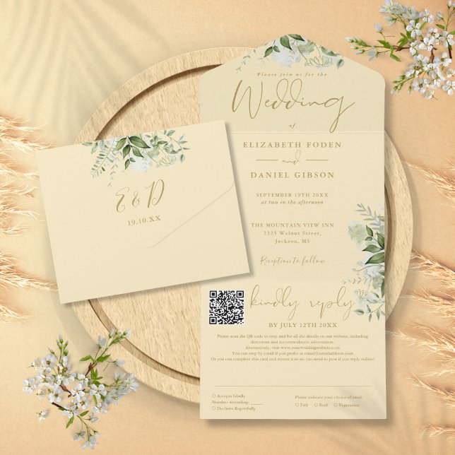 Código QR Monograma de Noivado com Verdejante Amar (Buttercup Yellow Greenery Monogram QR Code Wedding All In One Invitation)