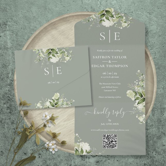 Código QR Monograma Verde de Vegetação Casamento (Monogram QR Code Greenery Sage Green Wedding All In One Invitation)