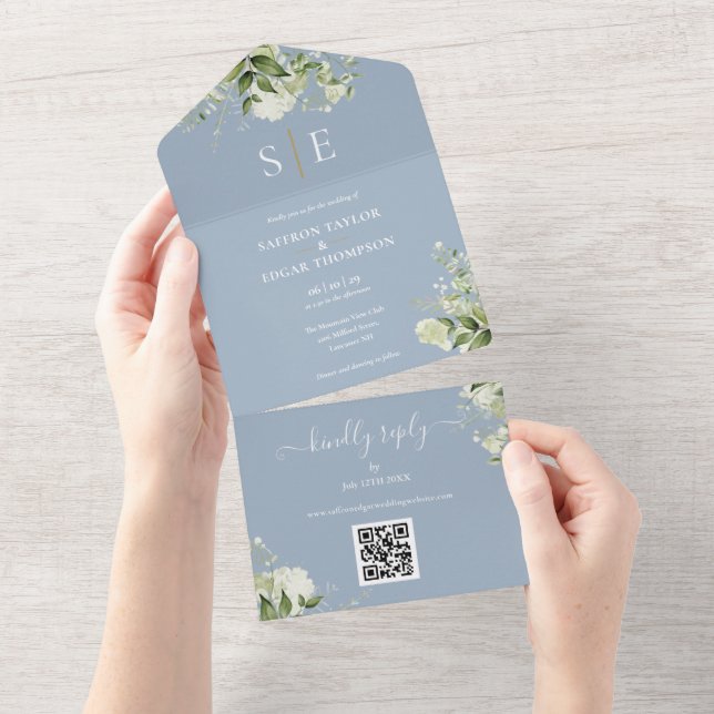Código QR Monograma Verde Folhagem Casamento Azul  (Aba destacável)