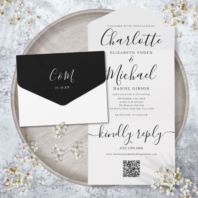 Código QR Preto e Branco Convite de Casamento Mini (QR Code Black And White Minimalist Wedding All In One Invitation)