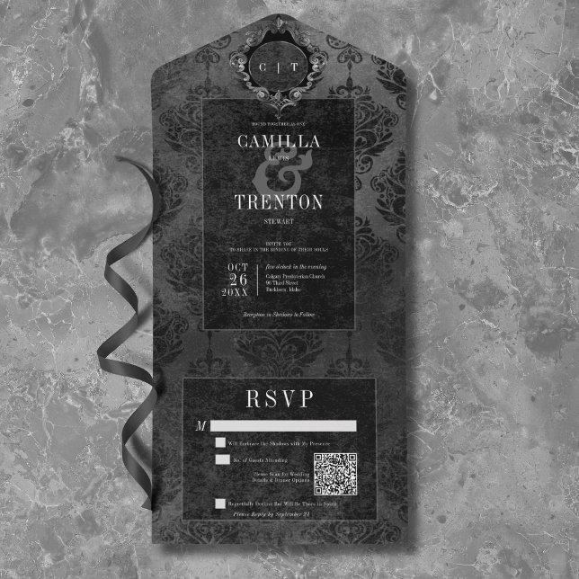Código QR Preto e Preto Preto e Preto para Damasco (Dark Gothic Black & Black Damask QR Code All In One Invitation)
