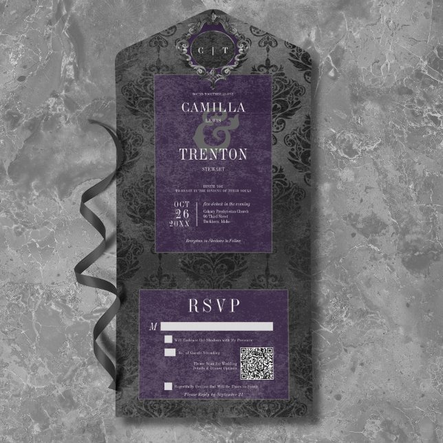 Código QR preto e roxo preto e gótico escuro (Dark Gothic Black & Purple Damask QR Code All In One Invitation)