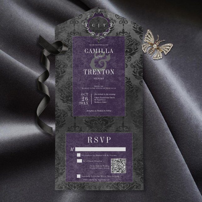 Código QR preto e roxo preto e gótico escuro (Also available without a QR code; with or without dinner selection options.)