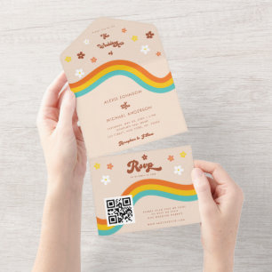 Código QR Retrô Groovy Daisy Rainbow Casamento Hip