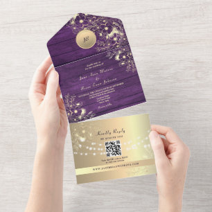 Código QR Roxo Dourado Rústico Luzes Casamento