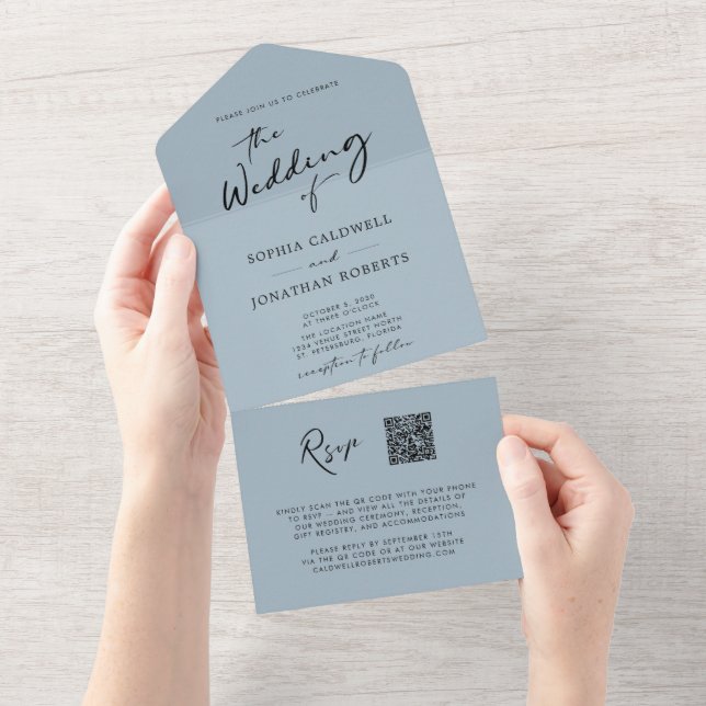 Código QR RSVP Caligrafia Light Dusty Blue Casamen (Aba destacável)