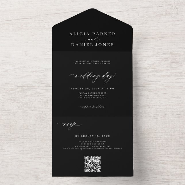 Código QR RSVP de casamento negro legante online (Inside)