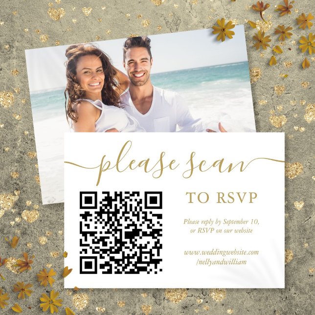 Código QR RSVP Simples Script Dourado Foto (RSVP QR Code Simple Gold Script Photo)