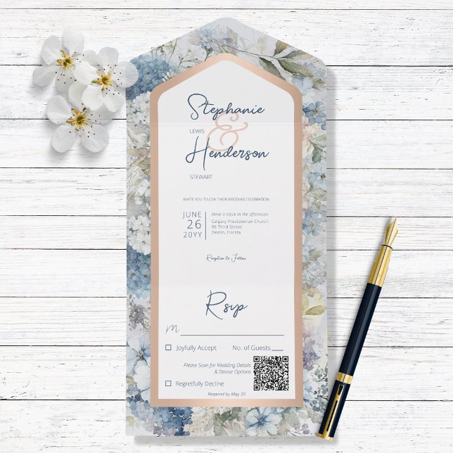 Código QR Russo Azul Floral e Rosa Dourado (Criador carregado)