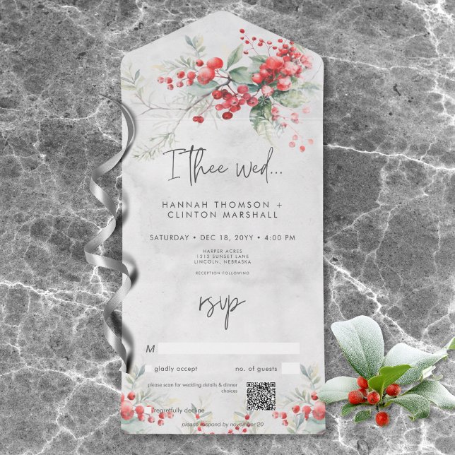 Código QR Rustic Winter Holly & Pine Wedding (Rustic Winter Berries & Pine Wedding QR Code All In One Invitation)