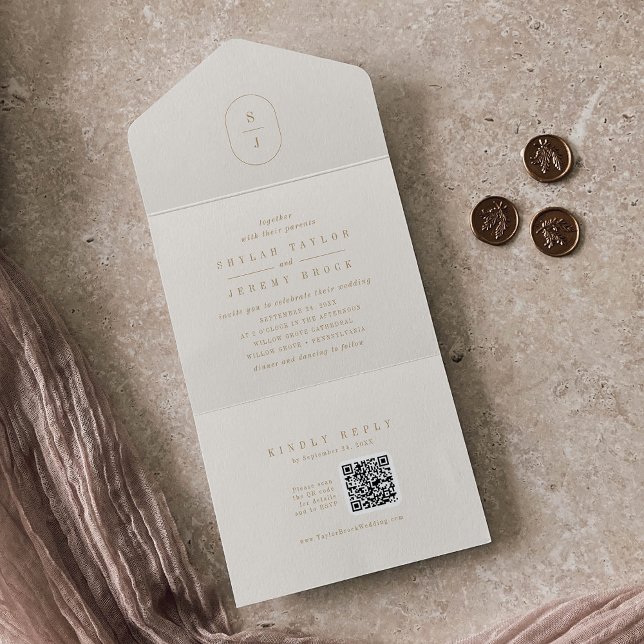 Código QR SHYLAH Casamento Neutro Mínimo de Creme  (SHYLAH QR Code Minimal Gold Cream Neutral Wedding All In One Invitation)