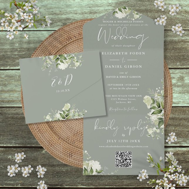 Código QR Verde Floral Salvia Casamento Formal (Floral Sage Green QR Code Formal Wedding All In One Invitation)