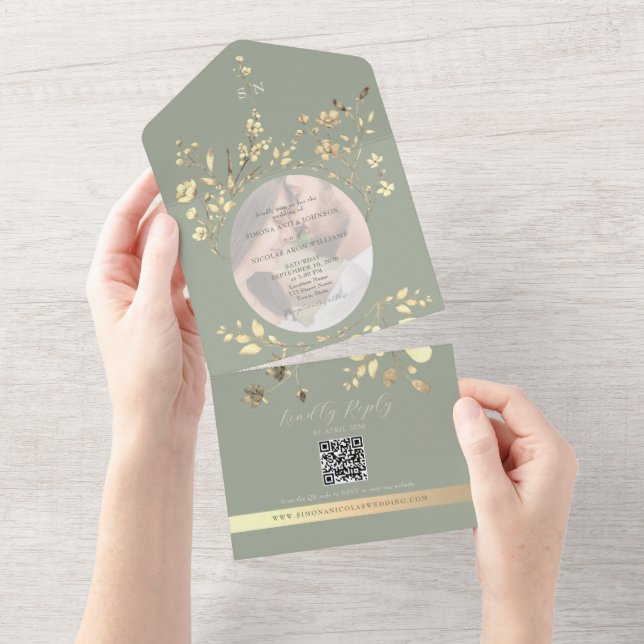 Código QR Verde Sage Dourado Floral Casamento (Aba destacável)