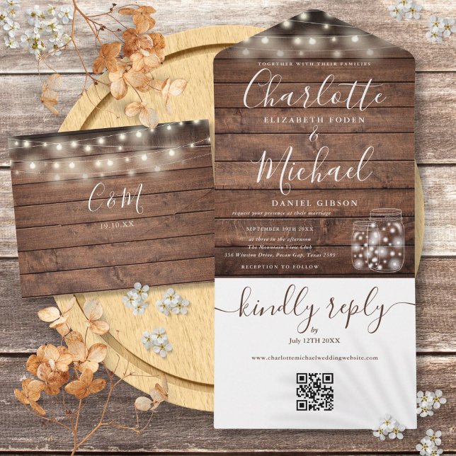Código RQ da Madeira Rótulo Mason Jars Lights Casa (Rustic Wood QR Code Mason Jars Lights Wedding All In One Invitation)