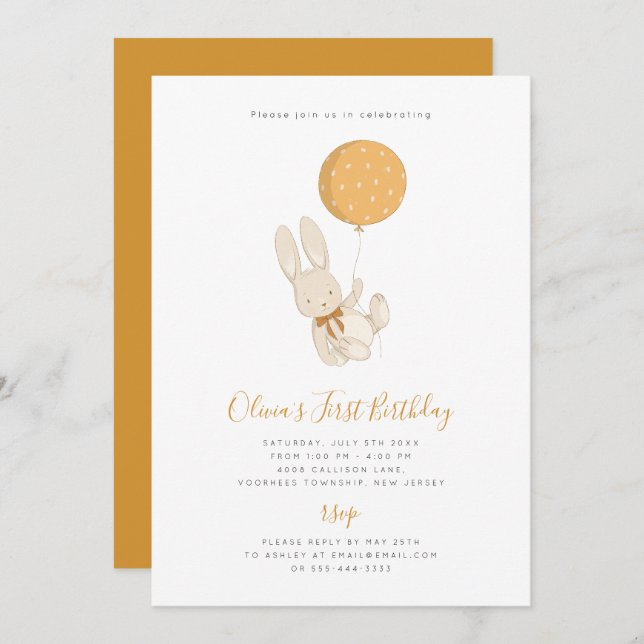 Coelhinha com um Convite de Aniversário para Balõe (Frente/Verso)