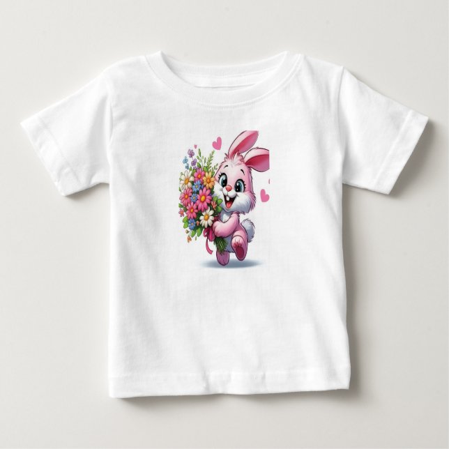 Coelhinho Rosa Adorável com Camiseta Menina Flores (Frente)