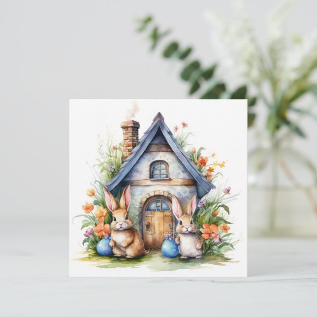 Coelhinhos da Páscoa com Casa de Telhado Azul (Em pé/Frente)