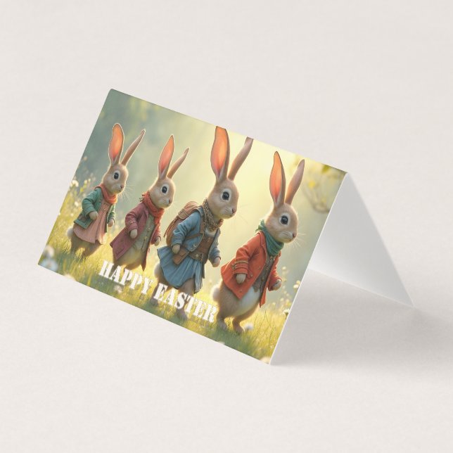 Coelhinhos de Páscoa andando em Prado de Primavera (Frente)