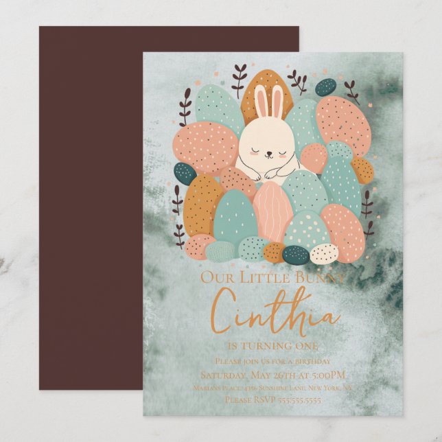 Coelho Aquarela Convite de Aniversário Verde Paste (Frente/Verso)
