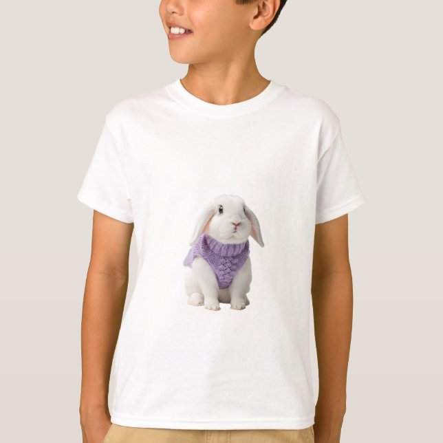 Coelho Branco Fofinho em Suéter Roxo Infantil (Frente)