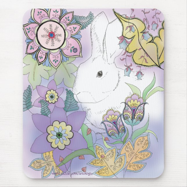 Coelho branco, mousepad violeta do jardim (Frente)