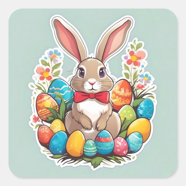 Coelho da Páscoa castanha com adesivo de ovos. (Frente)