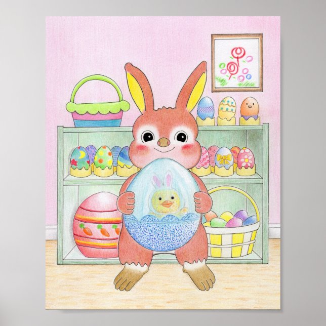 Coelho da Páscoa Ovos Coloridos Poster Infantil Fo (Frente)