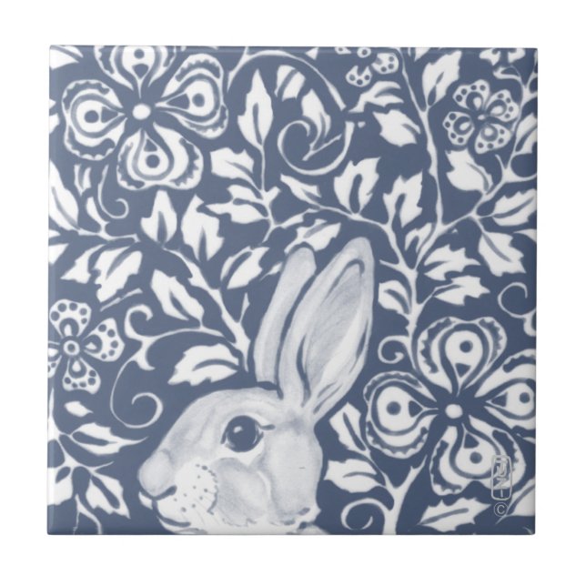 Coelho de Peeking Azul Bunny Floral Dedham Delft (Frente)