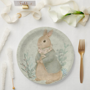 coelho fofo vintage com flores Prato de Papel