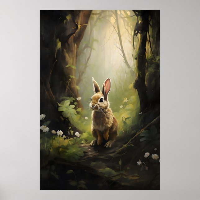 Coelho na impressão de parede da floresta verde, d (Frente)