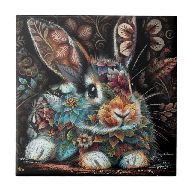 Coelho Whimsso Rabbit Floral Abstrato Teal Preto (Frente)