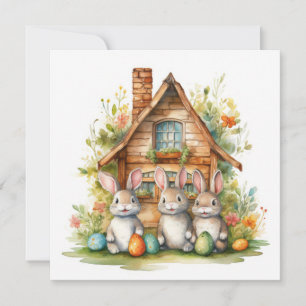 Coelhos da Páscoa com Casa de Madeira e Ovos Color