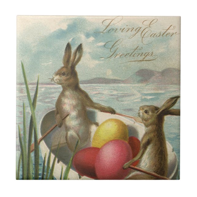 Coelhos de Páscoa antigos em um barco com ovos de  (Frente)