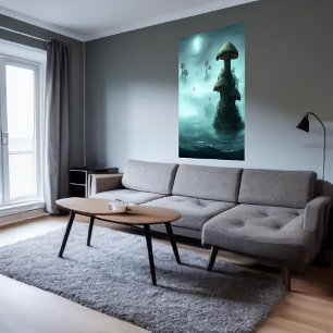Cogumelo, nevoeiro e oceano   AI Art Poster