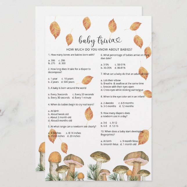 Cogumelos de queda - Baby Trivia | Jogo Chá de fra (Frente/Verso)