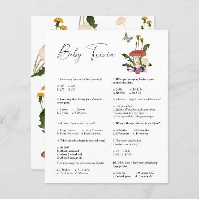 Cogumelos floresta - Bebê Trivia | Jogo de Chás de (Frente/Verso)